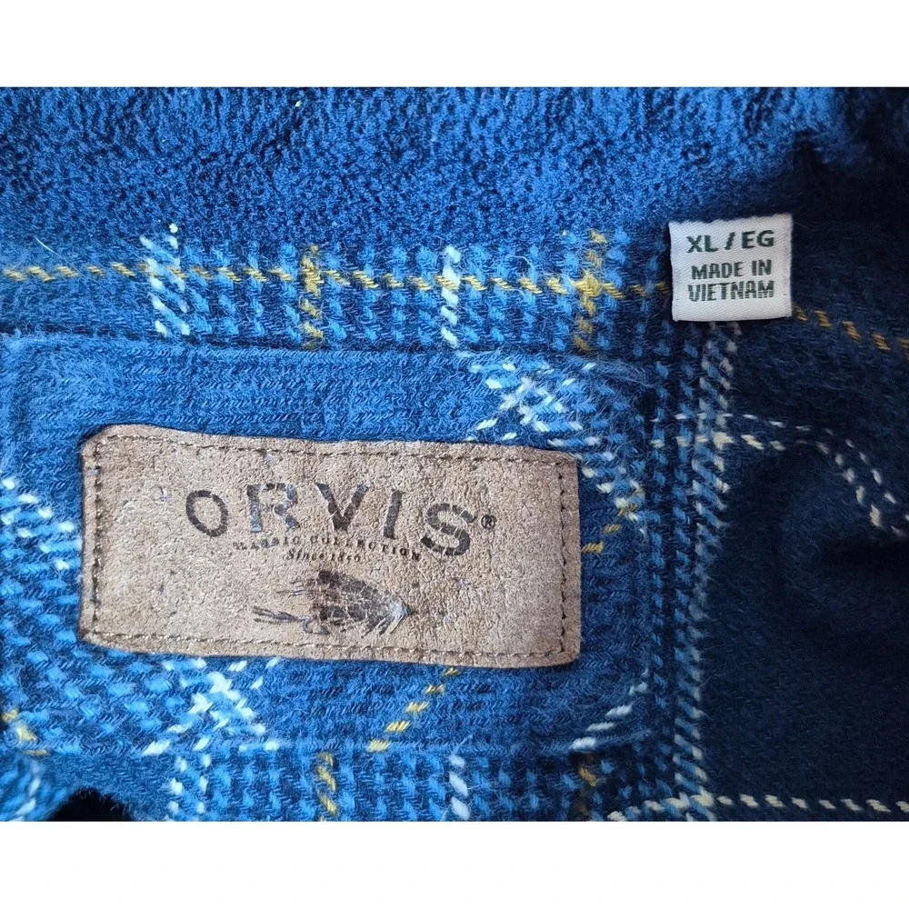 Orvis Mens Flannel Double Chest Pocket Shirt Jacket XL Blue White Brown